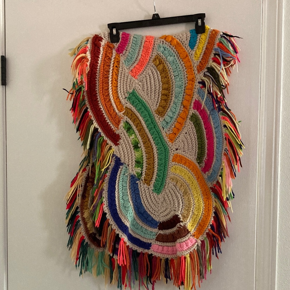 Handmade Vintage Colorful Crochet Fringe Shawl
